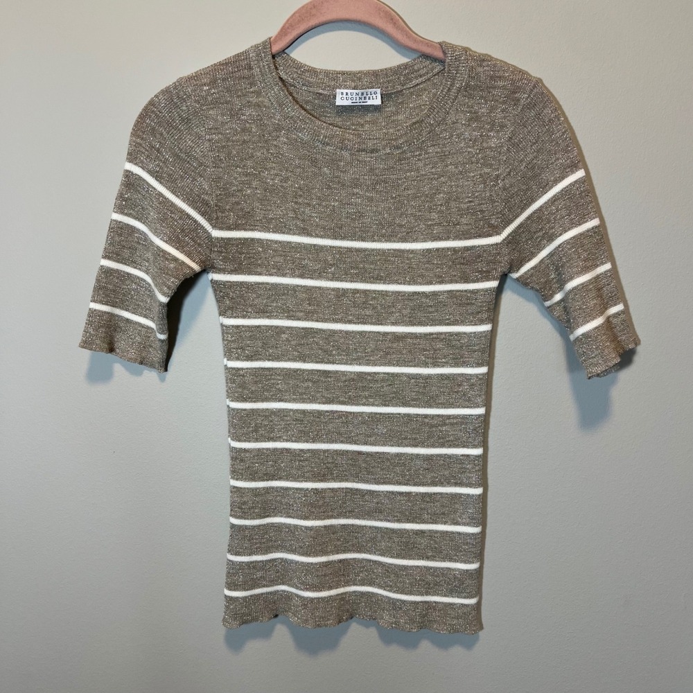 Brunello Cucinelli Women's Striped Metallic Linen Blend Knit Top Taupe White XS